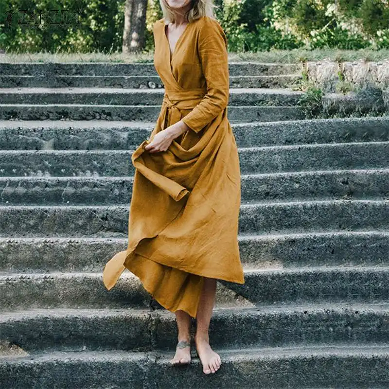 ZANZEA, женское платье, повседневное, на шнуровке, Vestidos, Осеннее, длинный рукав, одноцветное, Vestidos, элегантное, для девушек, с разрезом, вечерние, шикарные платья