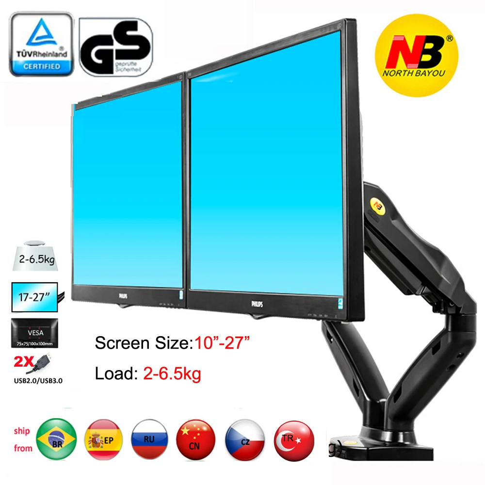 Nb F160 газовый пружинный воздушный пресс 1"-27" двойной монитор настольная подставка Двойные руки 360 Поворот USB3.0 компьютерный экран держатель зажим отверстие