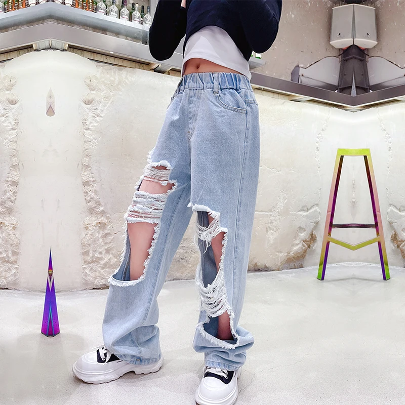 Spring teen Girls Jeans Ripped Light Blue Denim Trousers Broken Holes High Waist Wide Leg Pants Summer 5-14 Big Childrens Wear