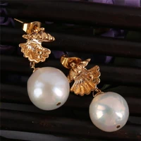natural white baroque pearl golden earring lady gift irregular earbob gift wedding party cultured jewelry aurora real