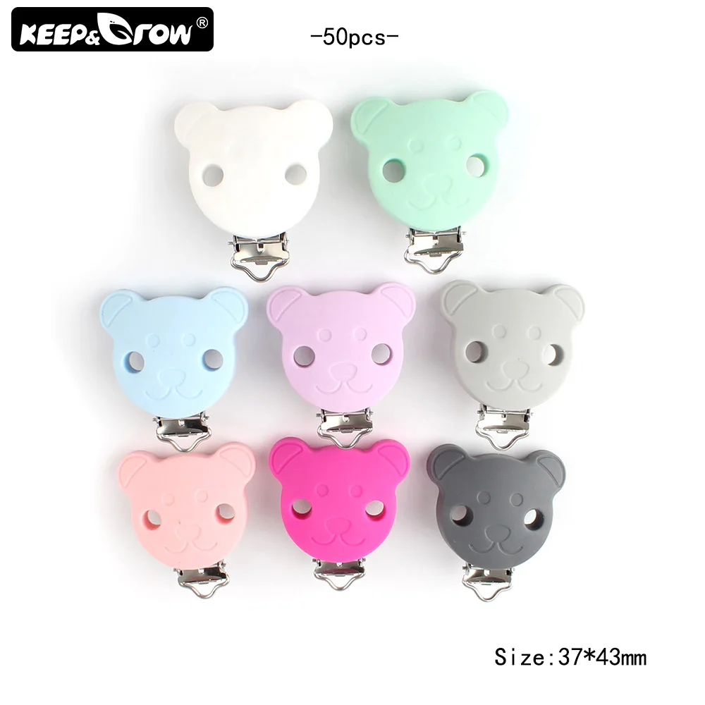 Keep&Grow 50Pcs Silicone Bear Pacifier Clip Baby Teether Metal Clips Holder Soother For DIY Pacifier Chain Nursing Accessories