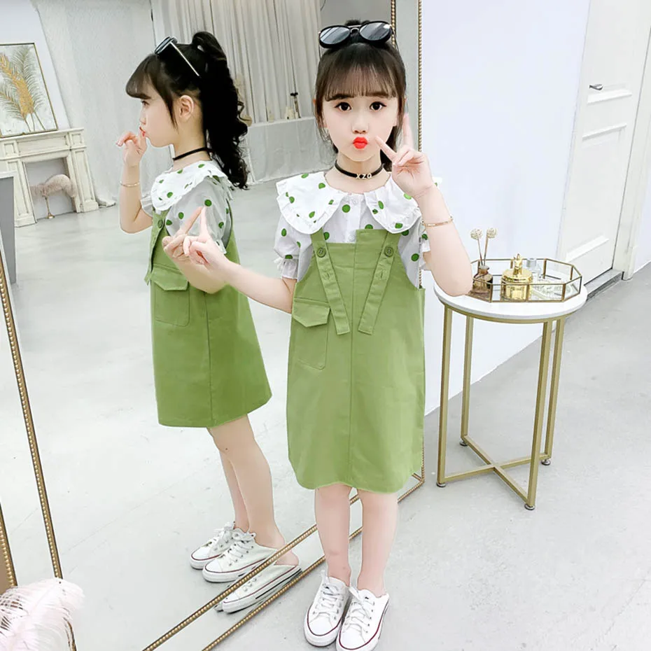 Girls Summer Clothes Dot Teenage Clothing Blouse + Jumpsuit For Butterfly Sleeve Children's Suits |