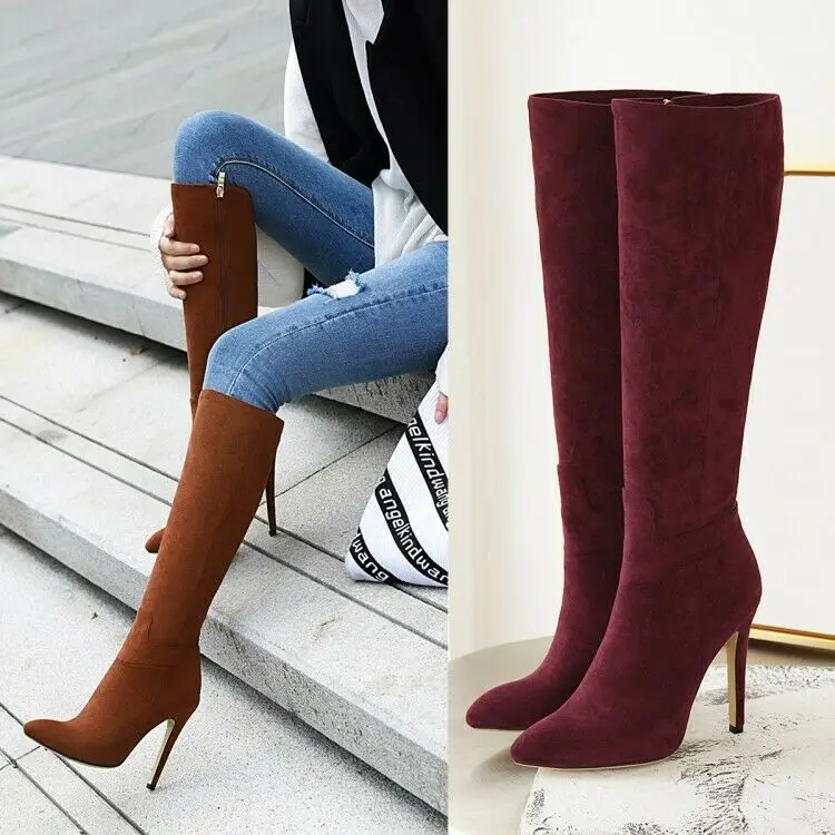 

High Stilettos Heels Ladies Knee High Boots Pointed Toe Zipper Casual Shoes New