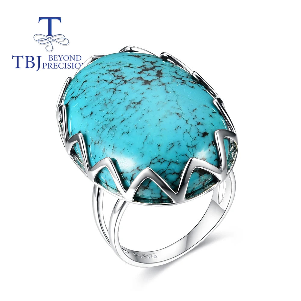 TBJ,New natural Blue Turquoise oval 20*30mm big gemstone ring 925 sterling silver woman fine jewelry anniversary gift
