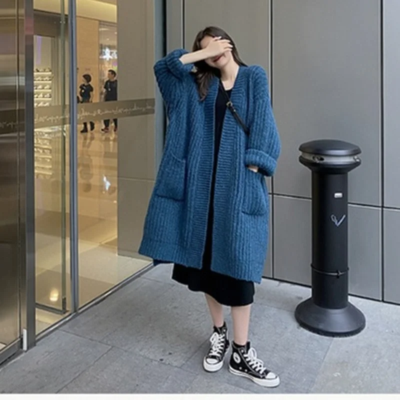 

Blue Long Knit Cardigan Woman Thicken Autumn Winter Full-sleeve Korean Sweater Gray Cardigan Fall New Oversized Knit Coat