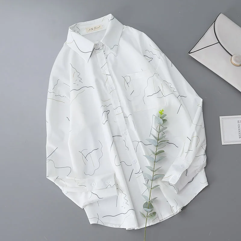 

Женская рубашка с длинным рукавом, белая Свободная Повседневная Блузка с отложным воротником и принтом, весна 2021