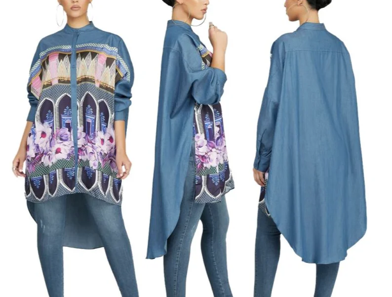 

Spring/Autumn Long Irregular Shirt Lapel Long Sleeve Beautifully Printed Elegant Ladies Loose Top Western Shirts Tops for Women