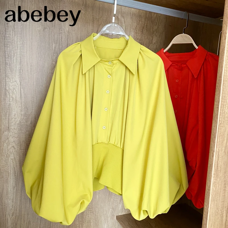 

2021 Spring Temperament New Blouse Female Loose and Thin Lantern Sleeve Lapel Blusa Fashion All-match Shirt