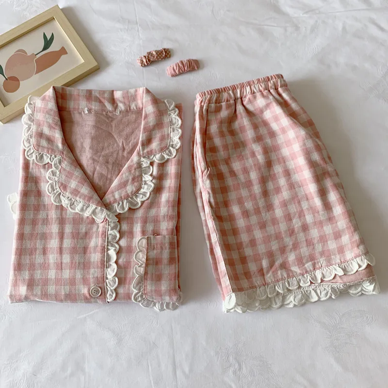 

Women Pajamas Set Korean Clothes Leisure Wear Lace Pink Plaid Pijama Suits With Shorts 2 Piece Sleepwear Elegant French Homewear