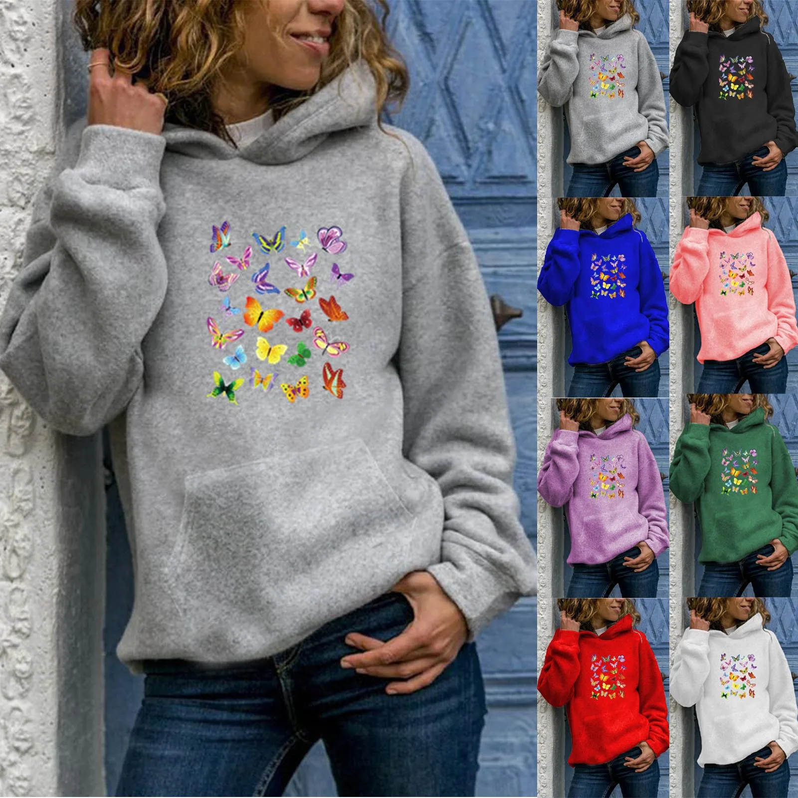 

Autumn Winter Fashion Women Long Sleeve Butterfly Print Hooded Pocket Casual Warm Sweatshirt Hoodie Casual Women Streetwear#Q