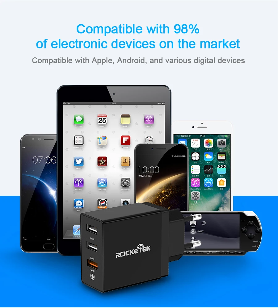 Быстрое зарядное устройство Rocketek 3 USB зарядка 30 Вт QC3.0 2.4A QC Быстрая зарядка мобильного телефона зарядное устройство для iPhone samsung Xiaomi huawei lg
