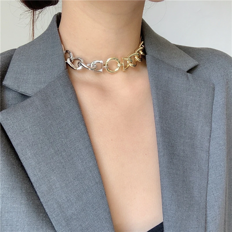 

GSOLD Metal Geometric Wide Chain Exaggerated Clavicle Chain Necklace Creative Punk Thick Chains Gold Silver Color Stitching