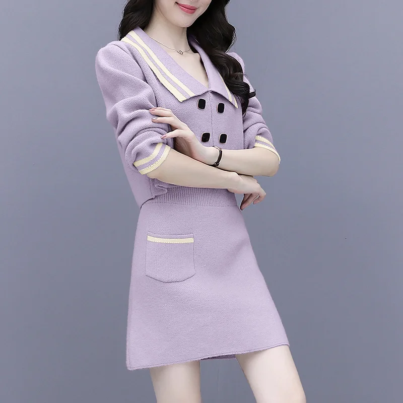 French Style Knitted Dress Suit Small Autumn and Winter Clothing New Waist-Tight Slimming Sweater Two-Piece Set | Женская одежда