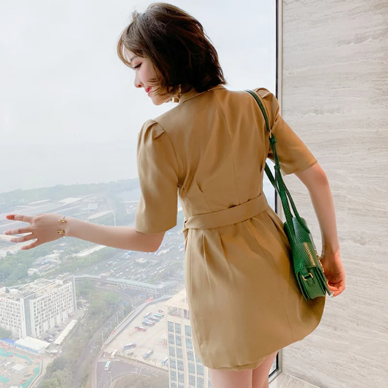 

Suit Top with Belt High Waist Wide Leg Shorts 2 Piece Suits Lady Office Double Breasted Blazer Summer Women Clothes Set