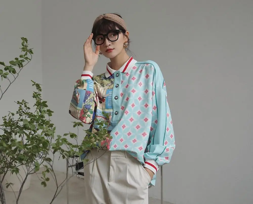 

2020 new Chinese Style Splicing Retro Printed Shirt women Spring and Autumn Long Sleeve Blouse