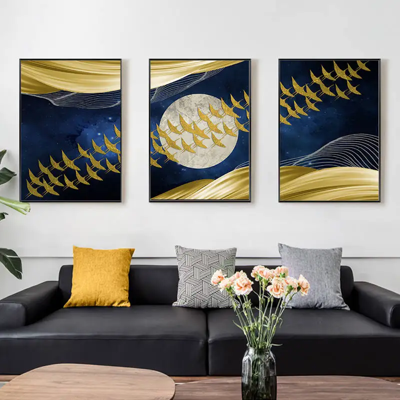 Абстрактная Луна стены искусства холст картины золотые горы птицы плакаты на