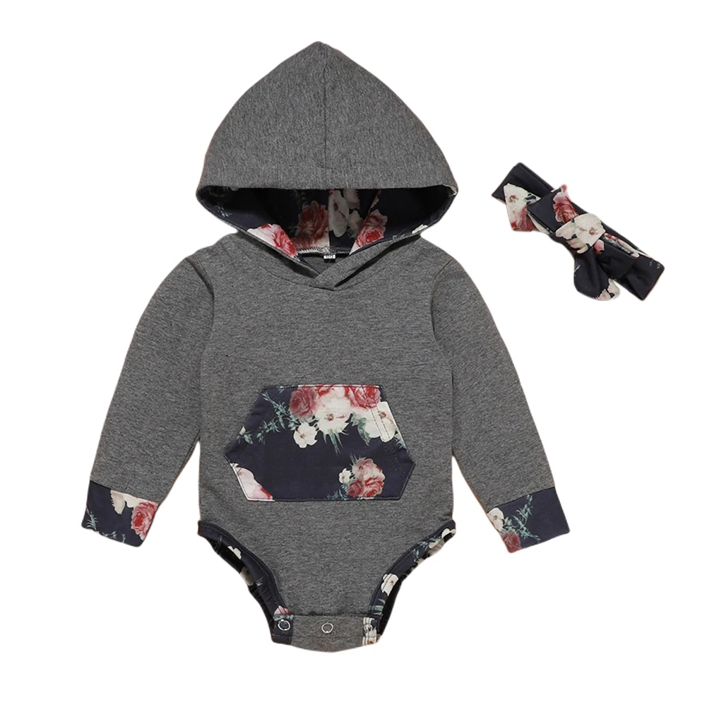 

Spring Autumn Newborn Baby Girls Boys Clothing Set Grey Stripe Long Sleeve Hooded Rompers+ FloralTrousers 0-18M Hot Sell