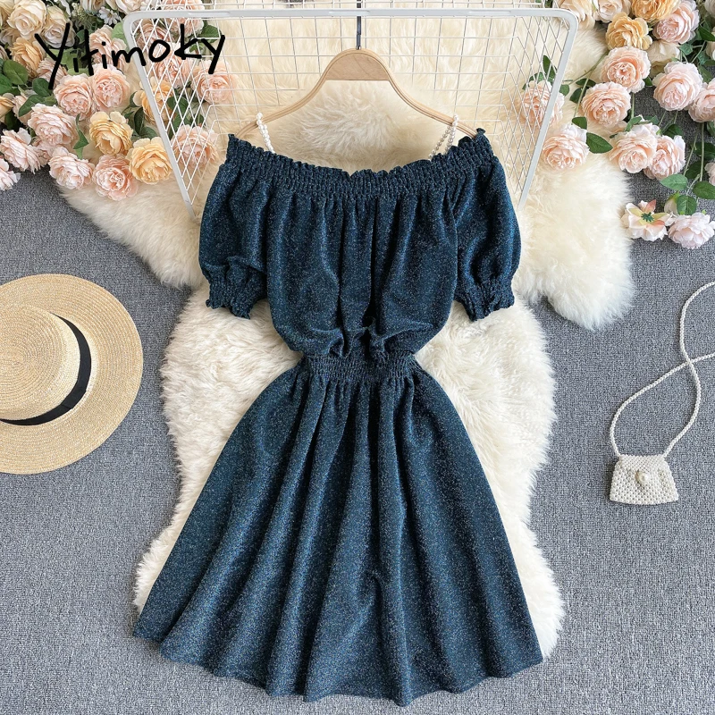 

Платье Yitimoky женское эластичное с высокой талией, однотонное ТРАПЕЦИЕВИДНОЕ, с буффами на рукавах, с вырезом лодочкой, без бретелек, из ярког...