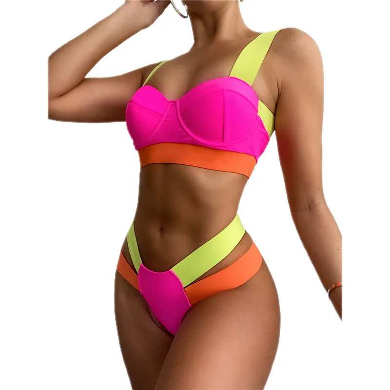 

Push Up Sexy Bikini Set Swimwear Women Swimsuit Two Pieces Biquini Patchwork Bathing Suit Beachwear Neon Color Contrast Bikinis