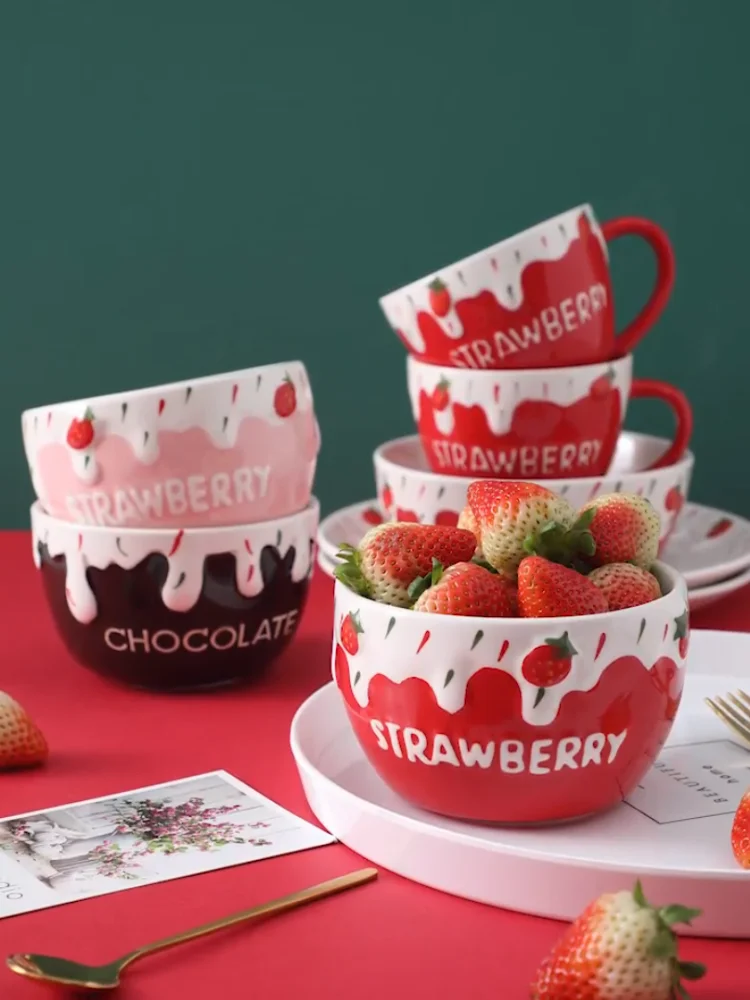 

Ceramic Strawberry Bowl Plate Cute Tablewares Cream Fruit Salad OatMeal Noodles Bowl Coffee Milk Cup Seasoning Dish Christmas
