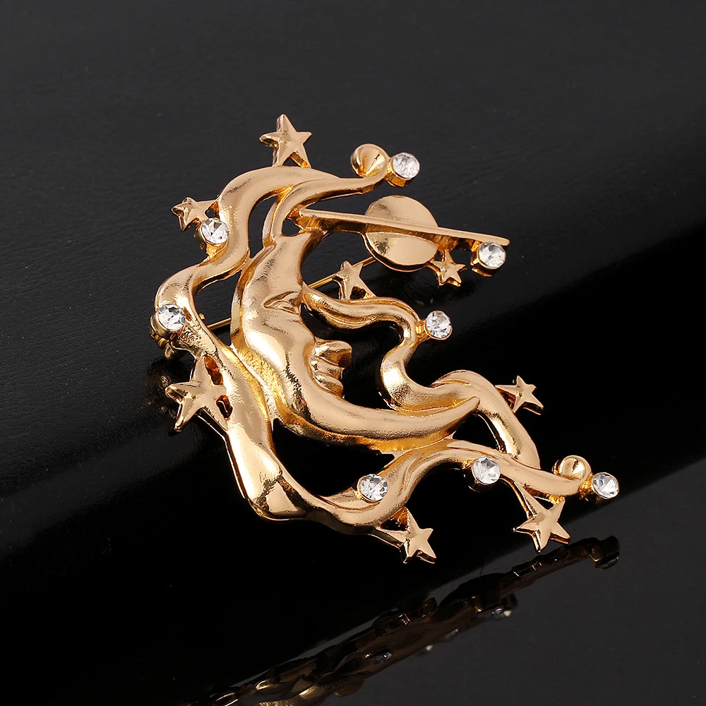 Художественный дизайн матового золотистого цвета Луна кристалл броши значки