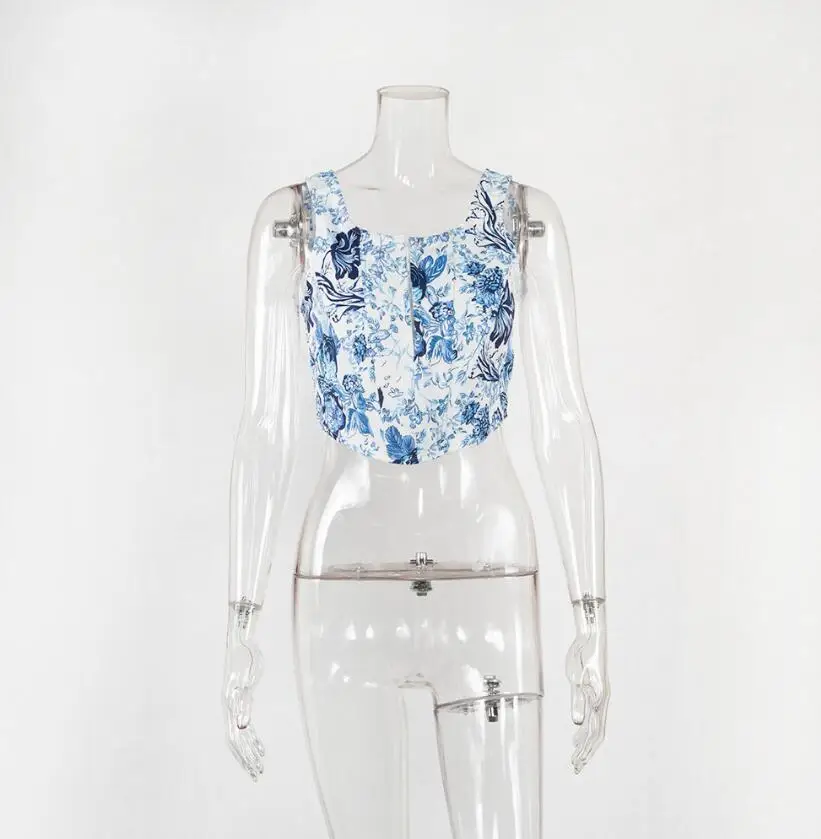 Женский корсет топы Летний жилет с фарфоровым узором облегающий короткий топ без