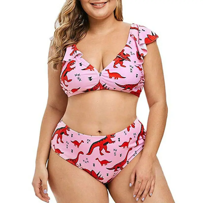 

New Summer Fashion 2PCS Women Lady Swimsuit Print High Waist Slim Bikini Set Ruffles Beach Swimwear L-5XL