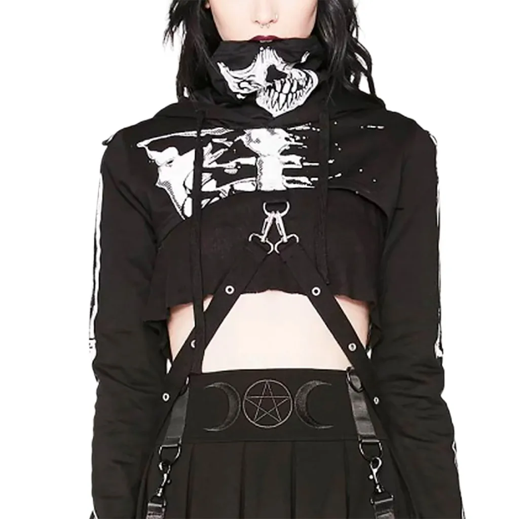 Women Punk Hoodie Black Print Long Sleeve Fashion Halloween Top Sweatshirt Streetwear Women Oversized Hoodies Moletom Feminino