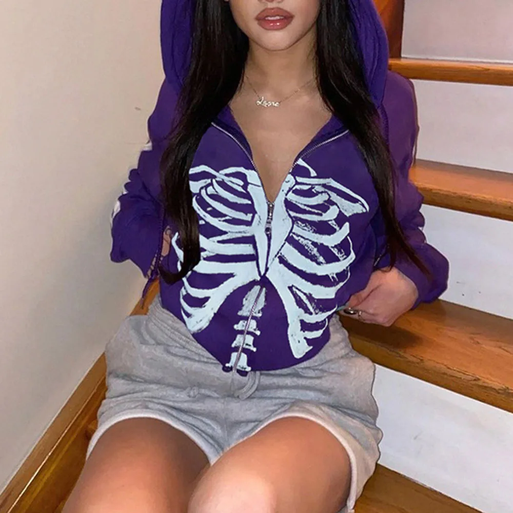 

Hoodie 2021 Autumn Winter New Women Sexy Printed Loose Hooded Zipper Jacket Fashion Casual Long-sleeved High Street Design