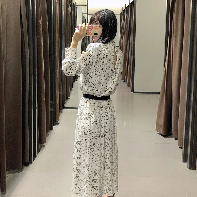 

Office ladies Women polka dot print Midi dress 2020 Autumn High collar long sleeve Dresses with belt Elegant Spring YNZZU YD477