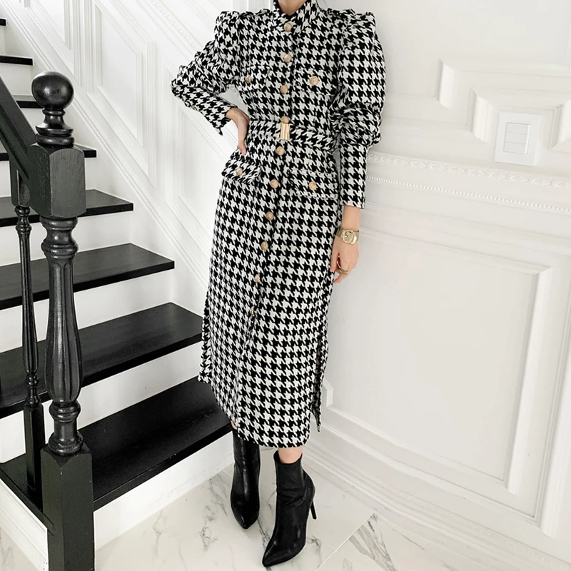 

[DEAT] 2021 New Spring Fashion French Stand Collar South Korea With Single Row Button Straight Split Plaid Wool Coat GX1225