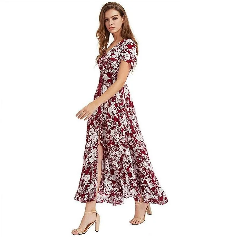 Женское летнее платье макси с разрезом цветочным принтом и пуговицами|Женские