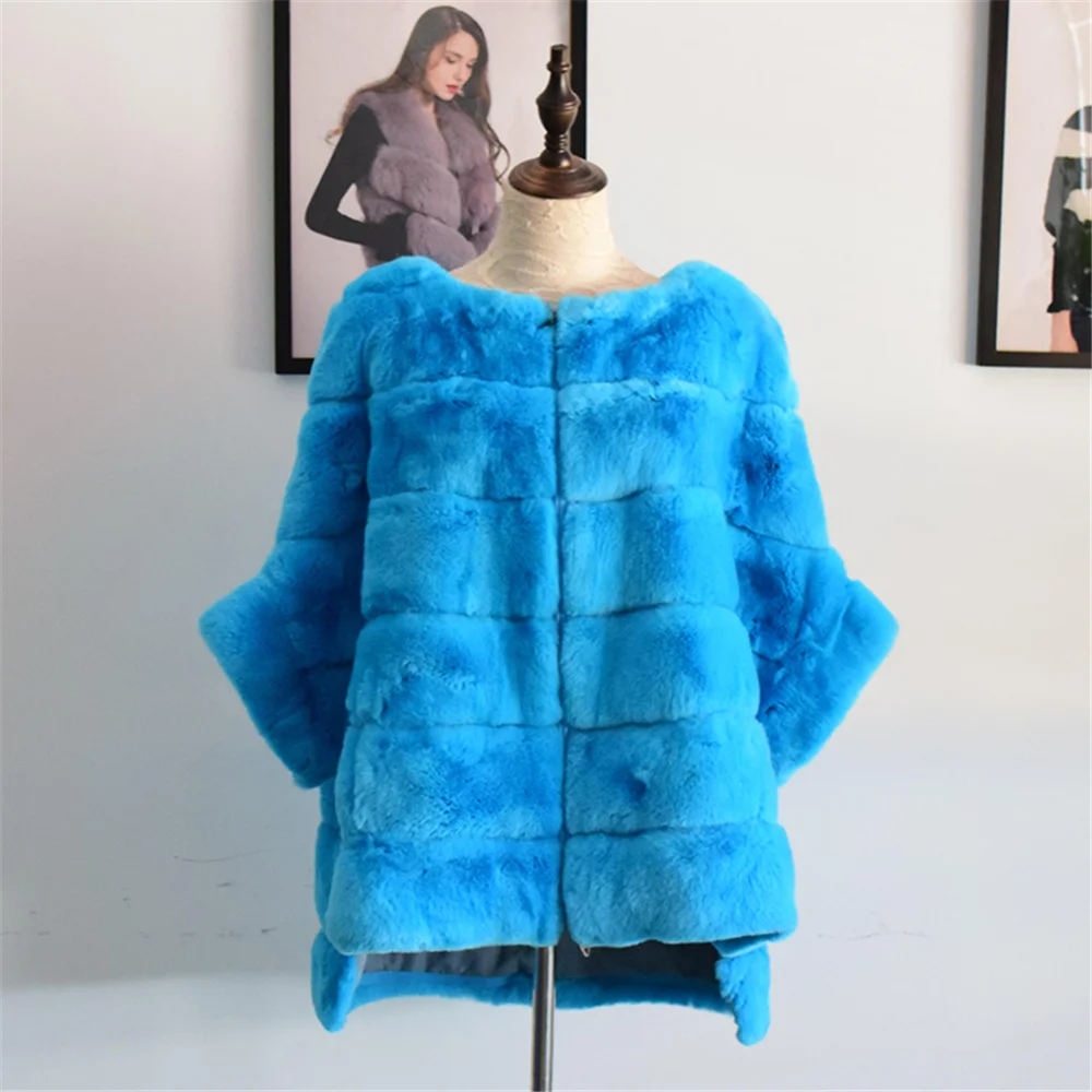 Женское пальто из натурального меха TOPFUR бирюзовое кролика Рекс зимняя шуба