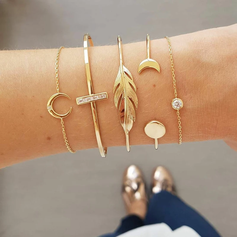

Tocona 5Pcs/set Bohemian Gold color Moon Leaf Crystal Opal Open Bracelet Set for Women Punk Boho Beach Bangle Jewelry Gift 6840