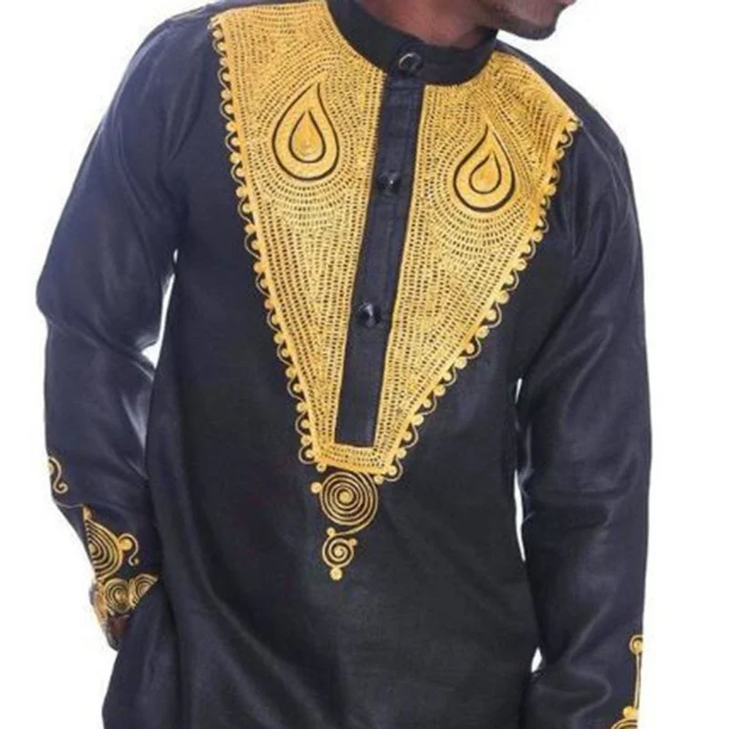 Muslim African Men's T-shirt Slim Stand Collar Printing Long Sleeve Shirt Printing Mid-length T-shirt Fashion Tradition Top Male