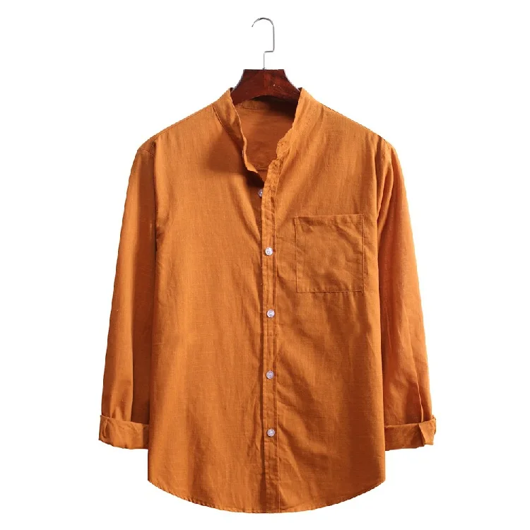 

Fahion Men Loose Casual Solid Color Plain Mandarin Collar Pocket Linen Long Sleeve Shirt