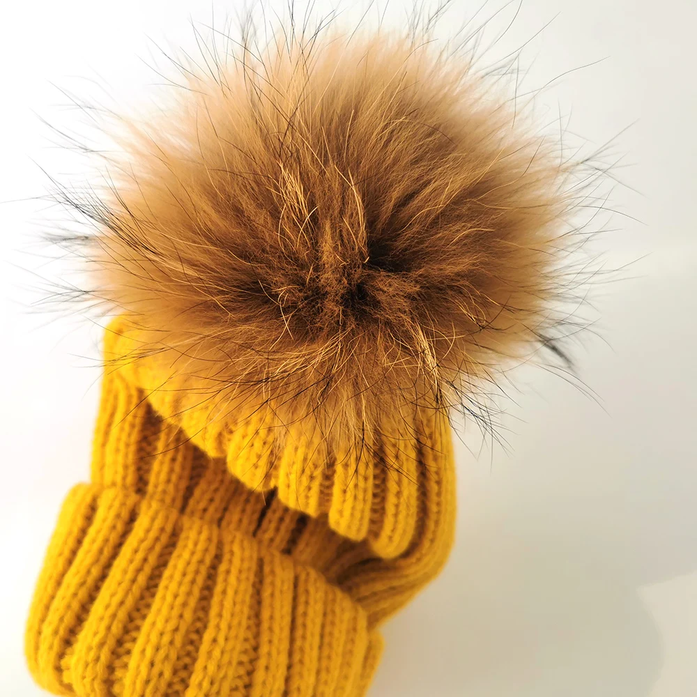 Winter Beanie Hat Knitting Detachable Pom Pom Real Raccoon Fur Ball Top Custom Designer Beanies Caps