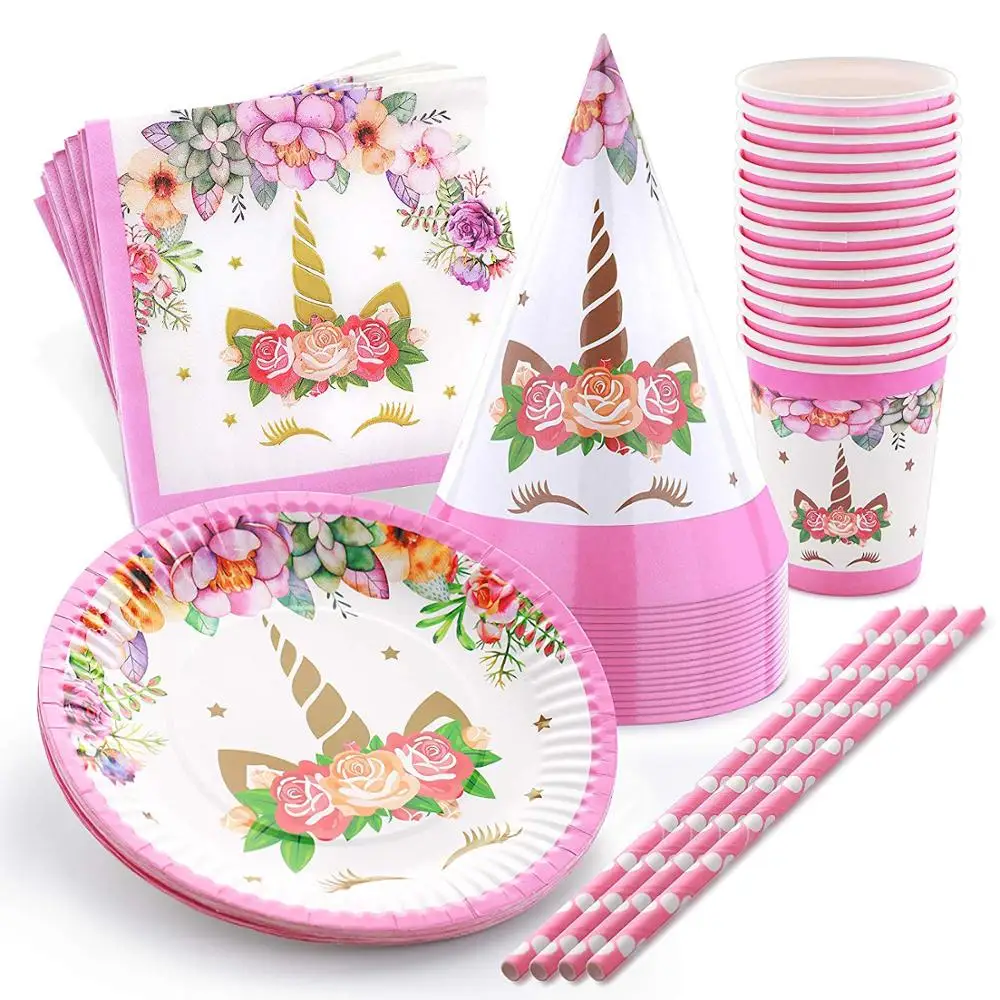 Рождественский Единорог бумажные тарелки и стаканы вечерние принадлежности для