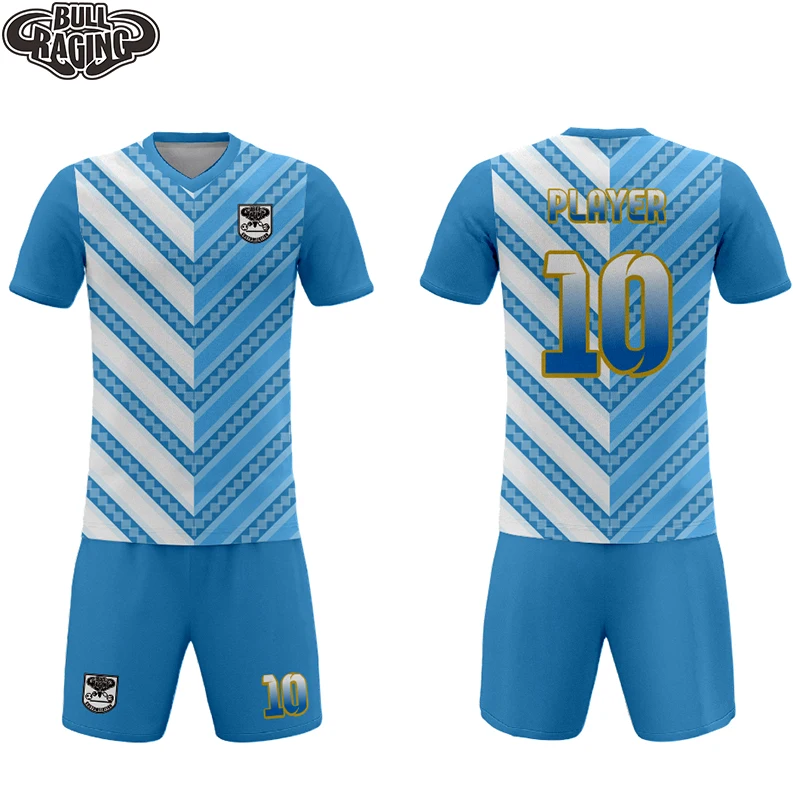 stripe V style blue white color football shirt maker online factory directly sublimated soccer jersey maker