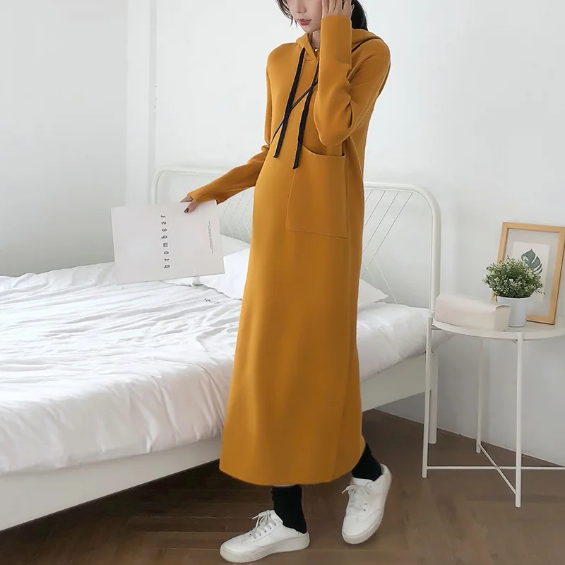 Осенне-зимнее длинное платье-свитер с капюшоном для беременных свободное теплое