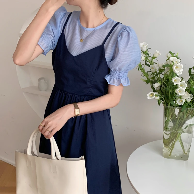 

HziriP Summer New 2021 Mid-Calf Fashion All-Match Solid Cotton Short Office Lady Bow Puff Sleeve High Waist Gentle Dress
