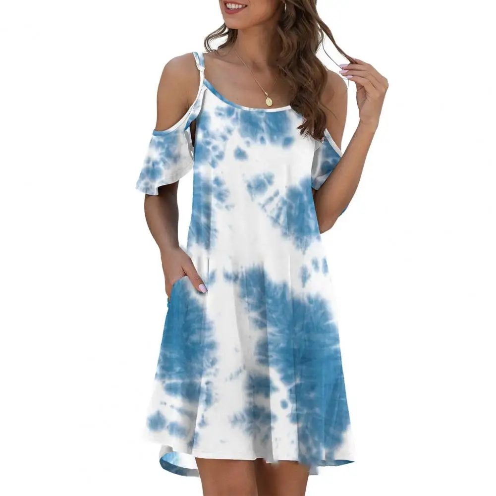 

Ladies Dress Off-shoulder Sleeves Easily Match Loose Women Summer Midi Dress Ruffle Cuff Pocket Tie Dyed Dress for Leisure