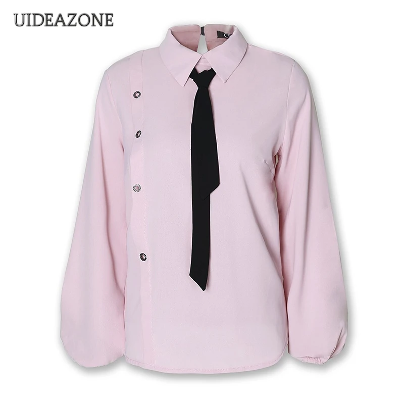 

Elegant Button Patchwork Women Shirt Bowknot Lantern Sleeve Casual Office Lady Blouses Solid Color Shirts 2020 Spring Autumn OL