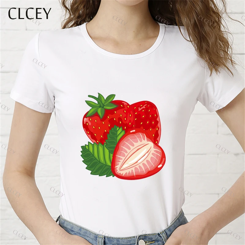 Clcey Новая женская Мода Милая Клубничная забавная Футболка с принтом Модная
