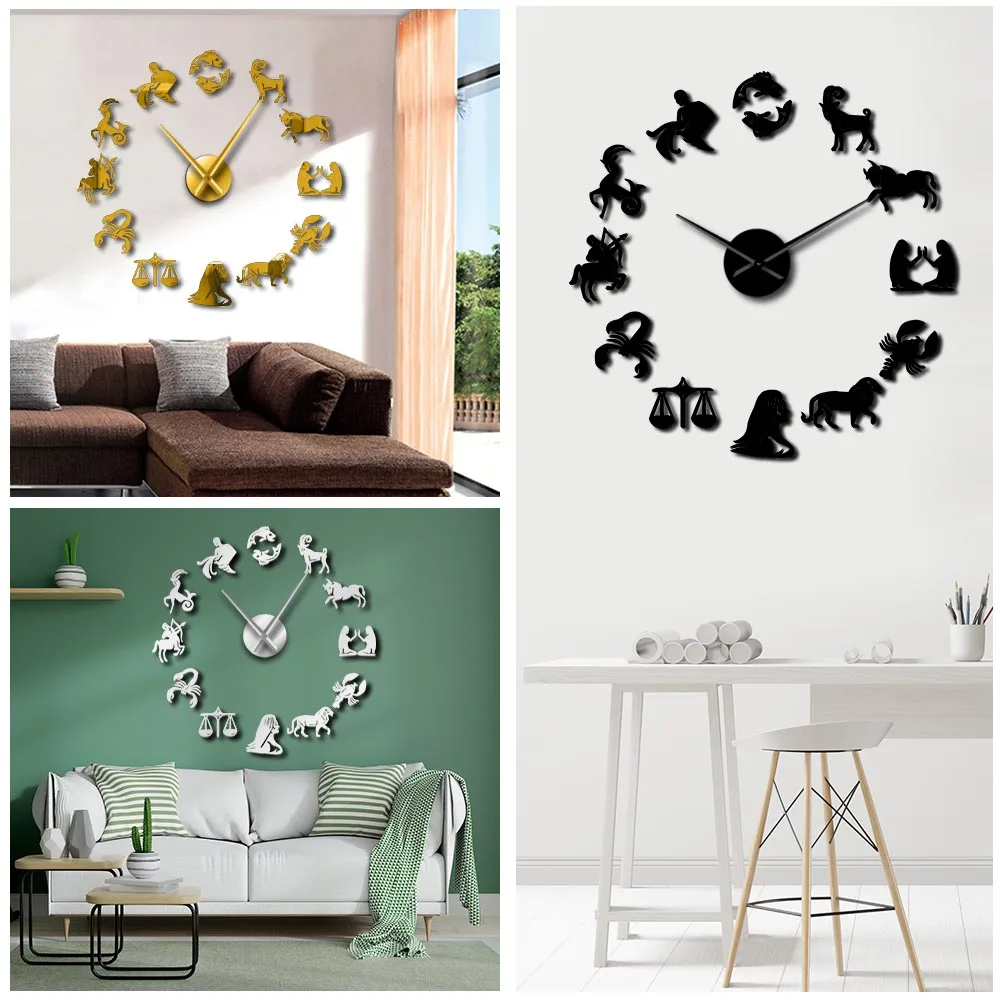 12 Zodiac Signs 3D Acrylic DIY Wall Clock Modern Astrology Wall Art Decor Quiet Sweep Clock Watch Creative Show Mirror Effect