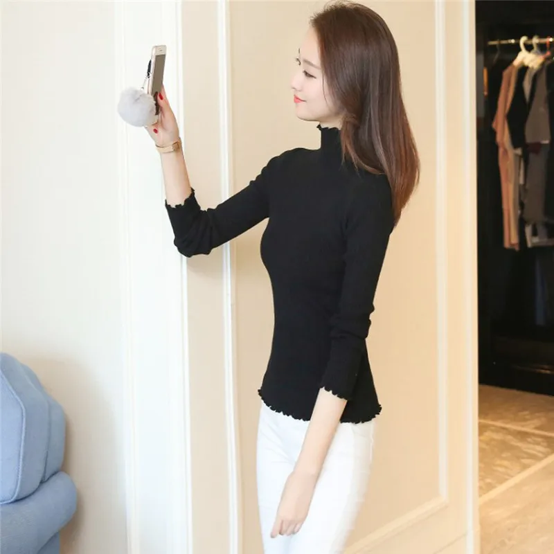 

2021 Fall Winter Ruffles Sweater Turtleneck Ruched Women Sweaters High Elastic Solid Female Slim Sexy Knitted Pullovers
