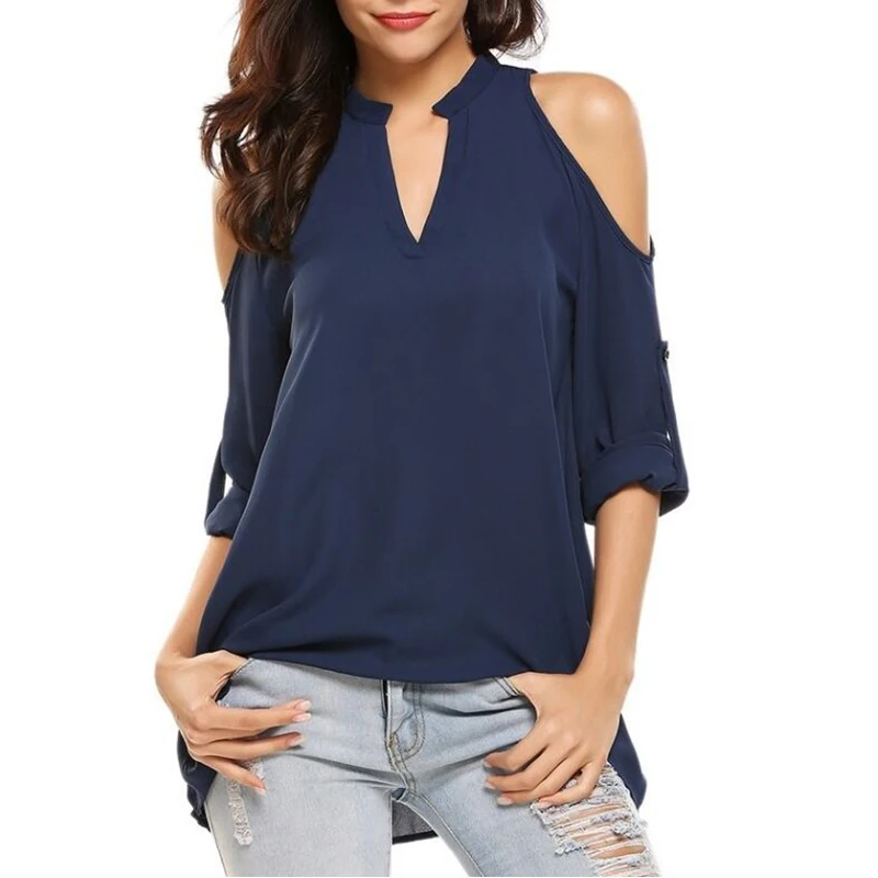 Шифоновая Блузка CINESSD с V-образным вырезом и открытыми плечами манжетами длинными