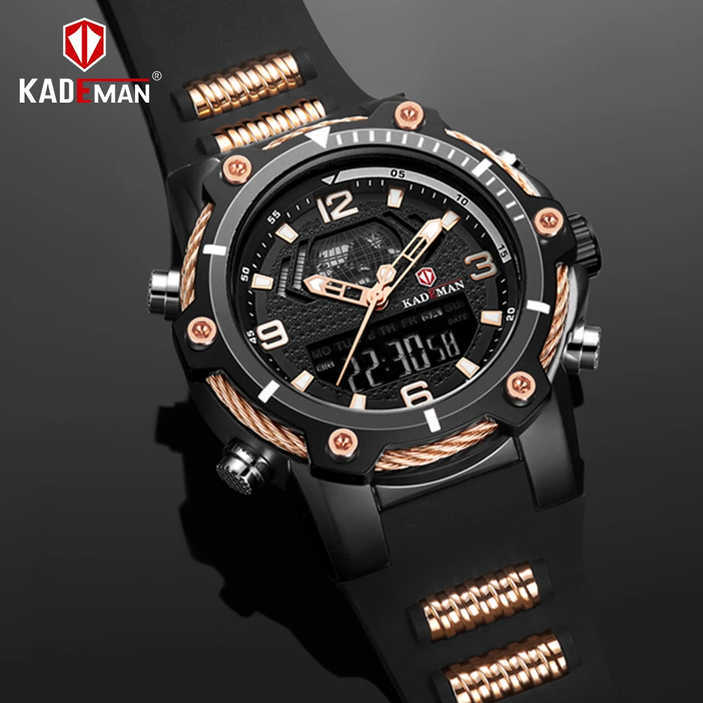 

KADEMAN Men Watchs Thick Case Military Sport Luxury 3ATM Dual Movement LED Wristwatch Casual Male Rubber Clock Relogio Masculino