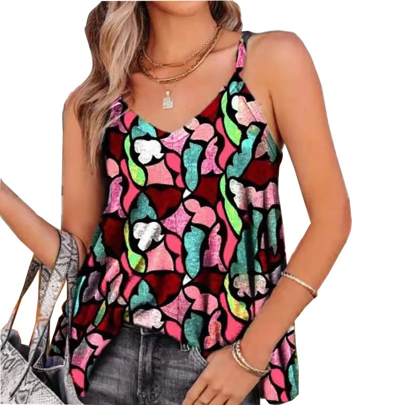 

Women Beach Casual Vest T-Shirts Sleeveless Summer Street Tee Female Geometric Print Tops Lady V-Neck Loose T-Shirt Big Size Top