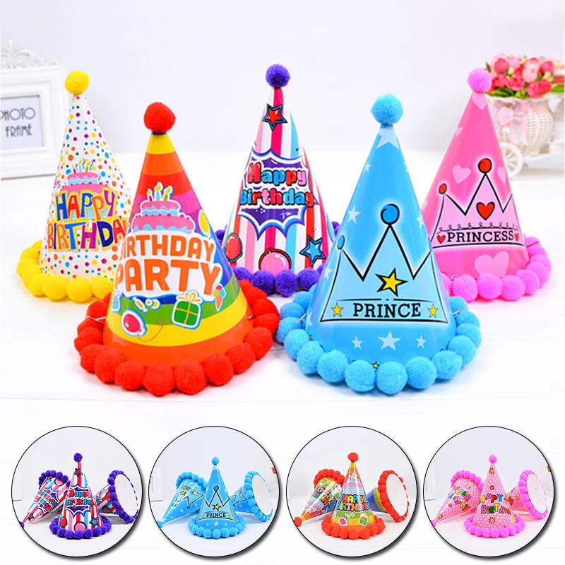 

1pc Baby Kid Birthday Party Hat Colorful Birthday Hats Cute Paper Ball Party Birthday Headband Hats Festive Party Decor